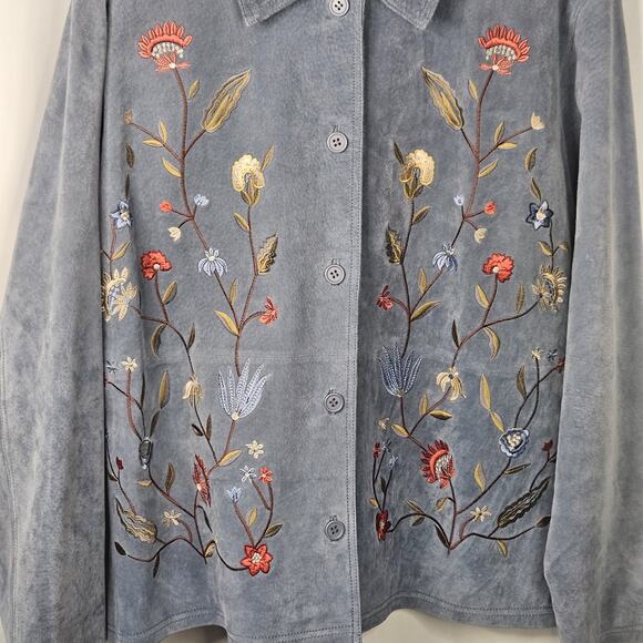 Jessica Holbrook Jacket Womens 1X Blue Suede Leather Floral Embroidered Artsy - Picture 2 of 8